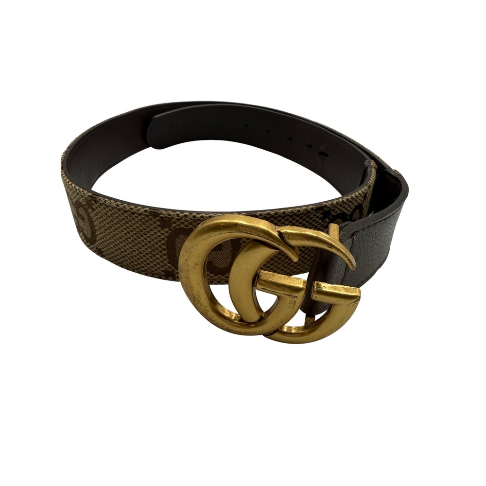Gucci GG Marmont Belt Beige Canvas Brown Leather Gold GG Buckle Women's SZ 80CM